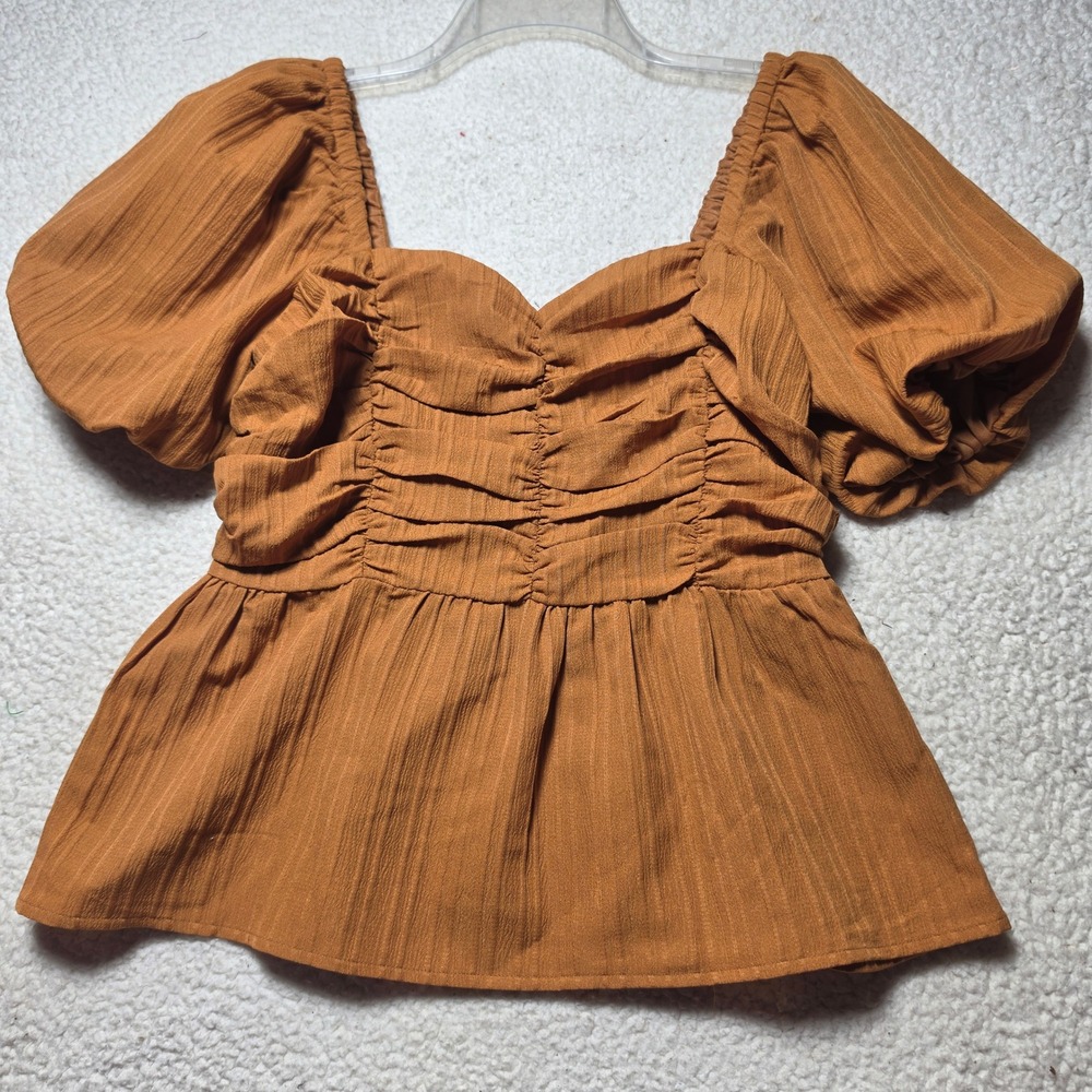 Entro Women Rust Brown Ruched Peplum Top Puff Sleeve Smocked Back T20949 Size S